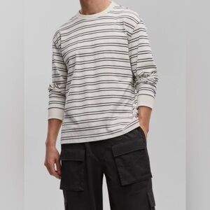 Men's White Crewneck Long-Sleeve Stripe Tee L